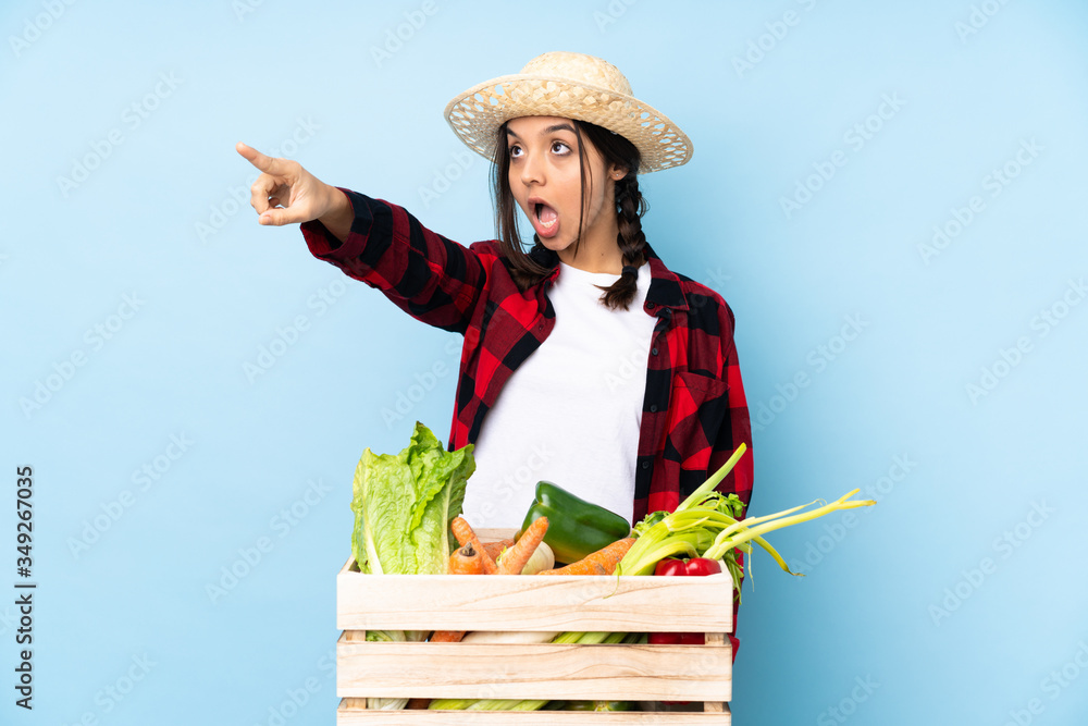 Young farmer Woman holding fresh vegetables in a wooden basket pointing away