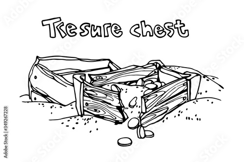 opened old wooden treasure chest & golden coins, pirate trove, symbol of fortune and wealth, vector illustration with black contour lines isolated on a white background in a Doodle, hand drawn style