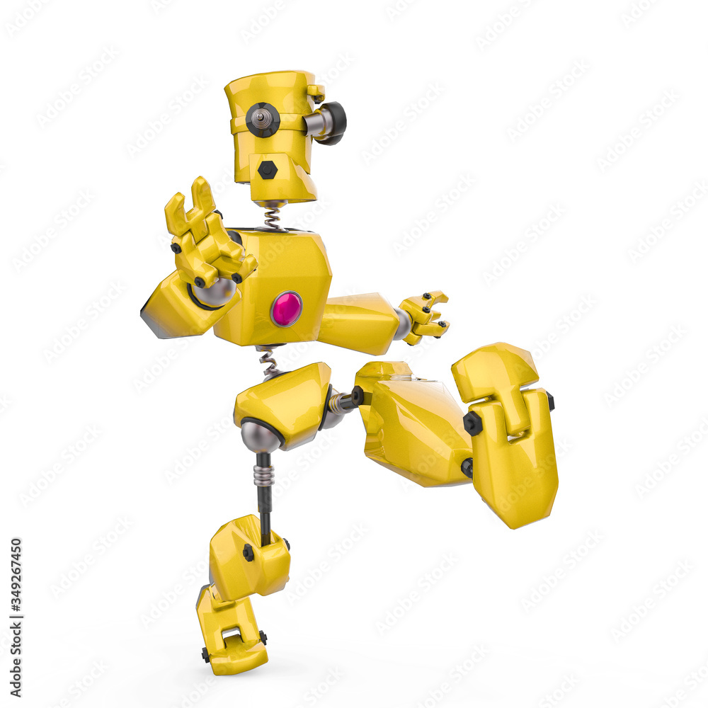 funny robot cartoon kicking the air in a white background funny robot cartoon kicking the air in a white background