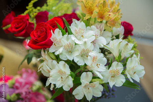 Valentines Day background  wedding day. Blooming red roses flower over blured hexagon bokeh background.