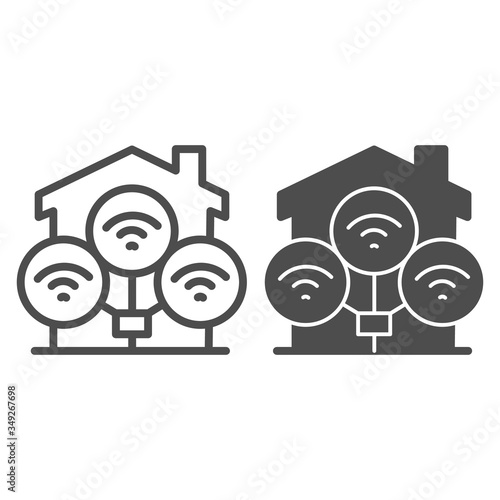 Wifi connection in house line and solid icon, smart home symbol, technology and internet service vector sign on white background, wireless network cover building icon outline style. Vector graphics.