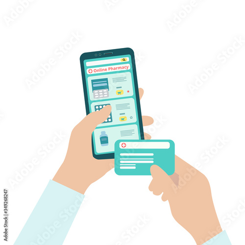 Ordering medicines online through smartphone. Modern flat design concept online medicine for web page, posters, banners, online shopping.