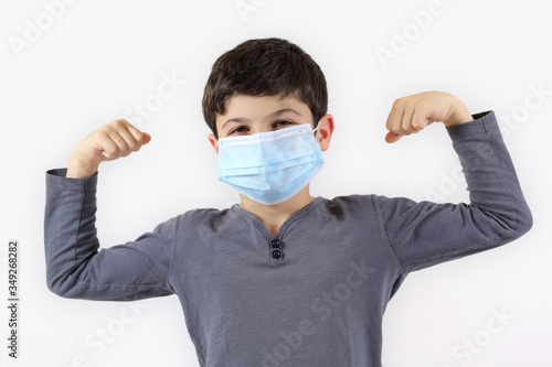 Covid-19 coronavirus barrier gesture well-protected and self-confident child who is not afraid to face the epidemic