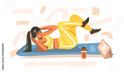 Hand drawn vector abstract stock graphic illustration with young happy female doing fitness on mat and watching online training video on tablet isolated on white background