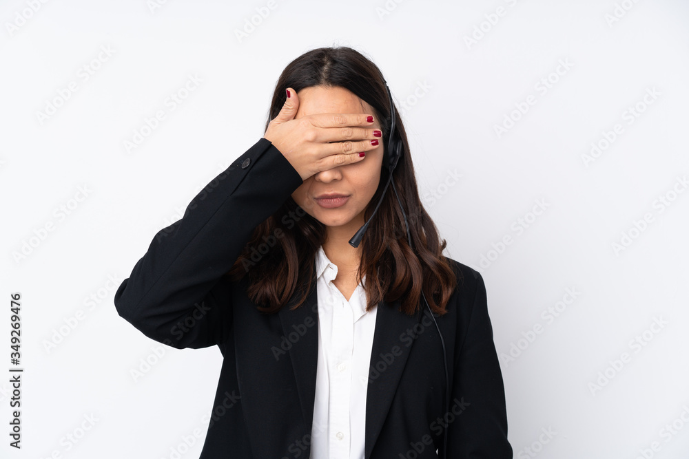 Young telemarketer woman isolated on white background covering eyes by hands. Do not want to see something Young telemarketer woman isolated on white background covering eyes by hands. Do not want to see something