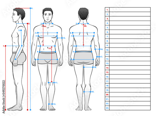 A man in his underwear is seen from the front, side and back, black and white. Scheme of measurement of the human body. Table for entries