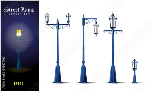 set of street vintage blue lights. Street lamp, Outdoor lamp icons vector. Graphic illustration of typical lamppost in old, retro style.
