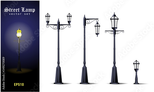 set of street vintage black lights. Street lamp, Outdoor lamp icons vector. Graphic illustration of typical lamppost in old, retro style.