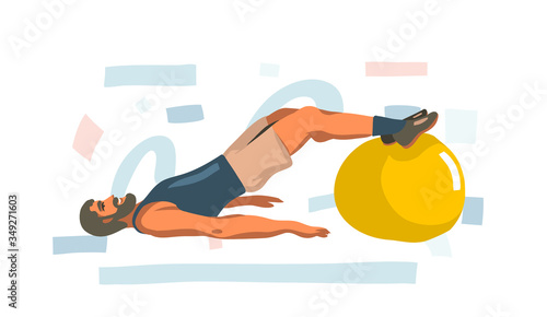 Hand drawn vector abstract stock graphic illustration with young happy male training at home with fitness ball isolated on white background