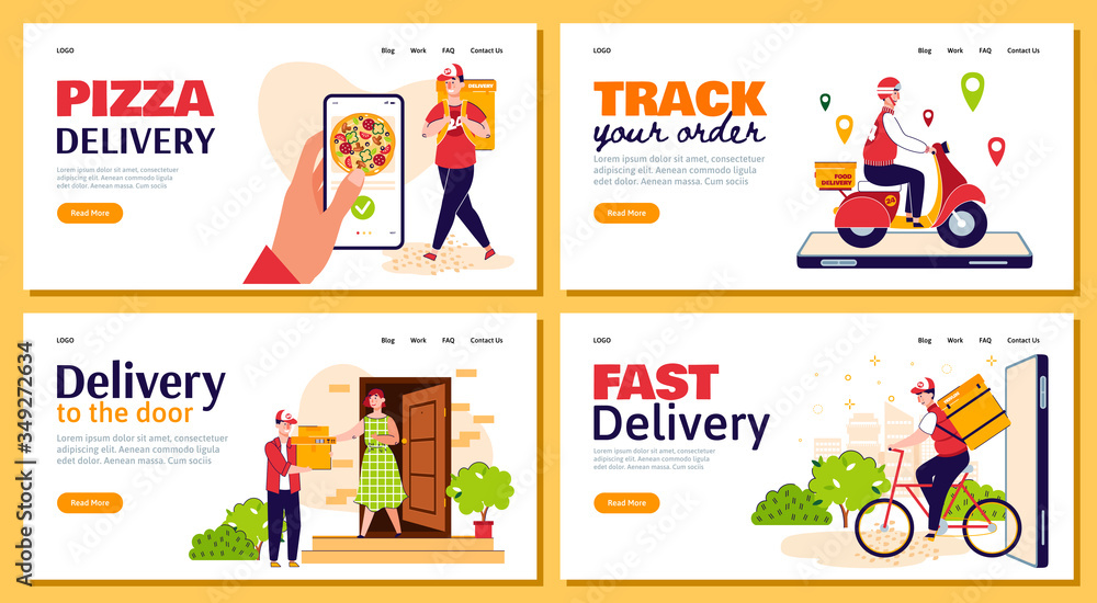 Fast delivery man with food order - cartoon banner set for pizza website