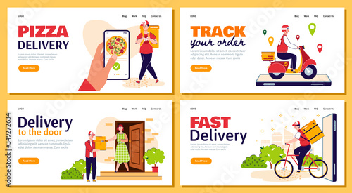 Fast delivery man with food order - cartoon banner set for pizza website