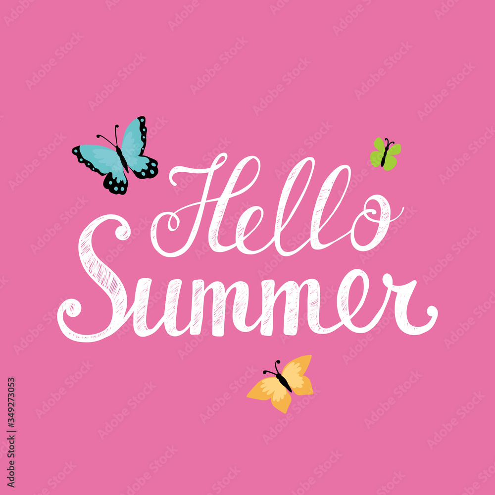 Lettering Hello Summer on a pink background. Cute butterfly. Lettering Hello Summer on a pink background. Cute butterfly.