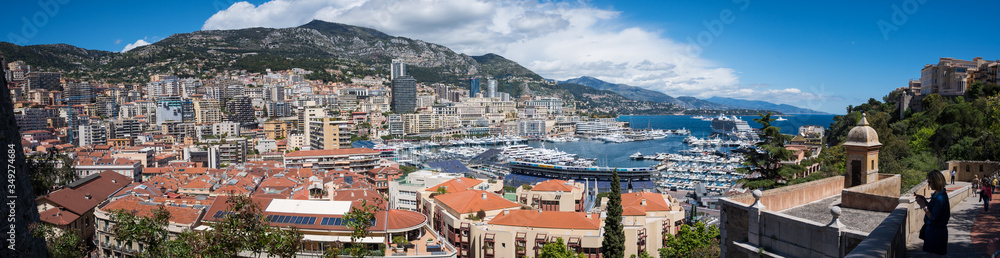 Monte Carlo, Monaco - April 2017: Panorama of the harbour and surrounding area.