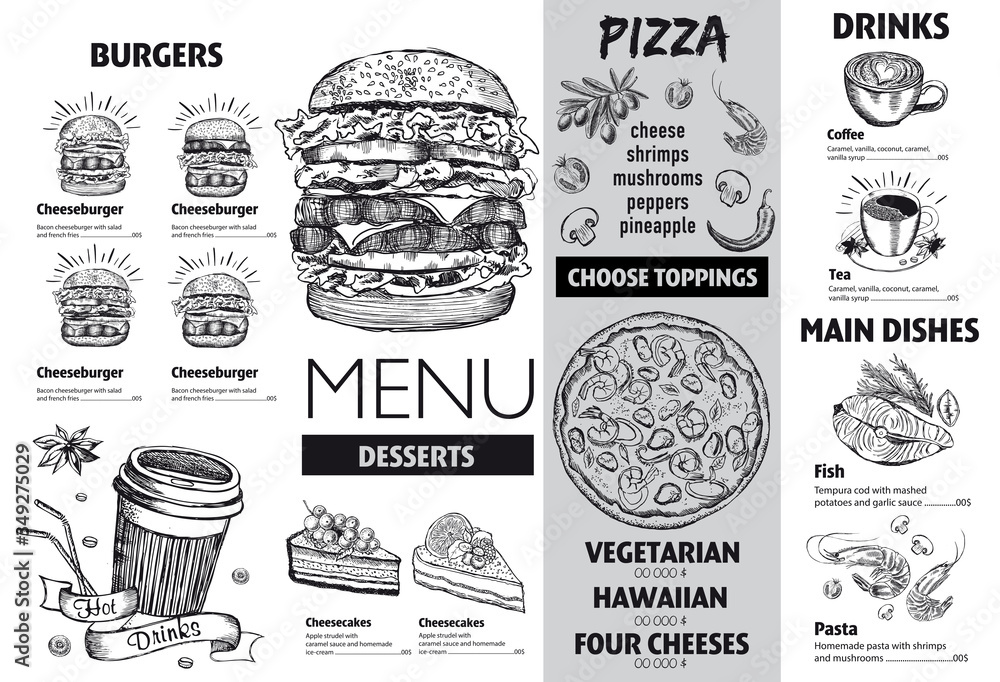 Restaurant cafe menu, template design. Flyer with hand-drawn graphic.	