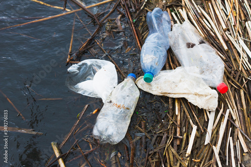 Plastic bottles on the river bank, concept for the day of the protection of the oceans. Nondegradable plastic rubbish on the coast. photo