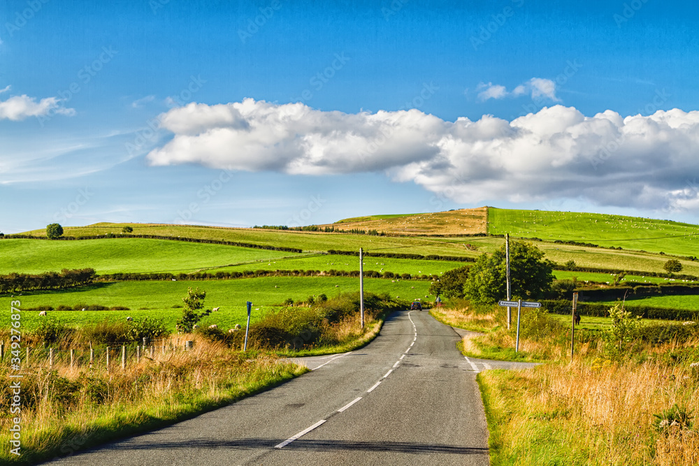 Road view to mountains in Snowdonia National Park in North Wales of ...