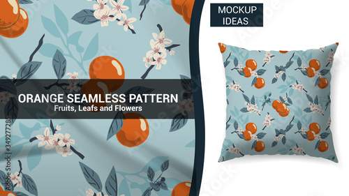 Orange seamless pattern fabric for prints with flowers and leafs on a blue background vector illustration
