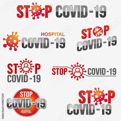 Logo coronavirus with a bacterium and a badge. Bright title for a presentation, magazine, or title