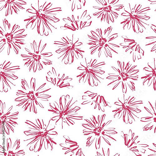 Vector seamless pattern with daisy flower. Loose floral ink sketch on white background. Great for fabric, gift wrap, scrapbook.