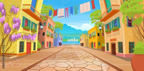 Road panorama  over a street with lanterns and washed clothes. Vector illustration of  summer street in cartoon style.