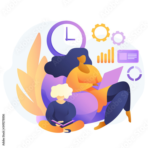 Mom with laptop working at home with child. Womens freelance. work at home mom. Concept working, studying, education, work from home, healthy lifestyle. flat style. coronavirus, self-isolation.