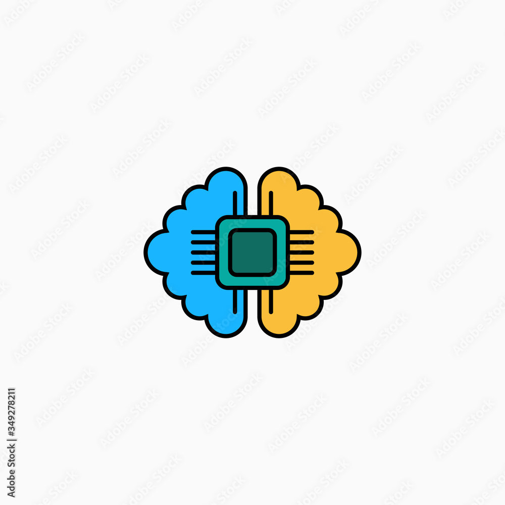 Artificial intelligence brain icon. Vector AI technology concept symbol or design element in flat style. Artificial intelligence brain icon. Vector AI technology concept symbol or design element in flat style.
