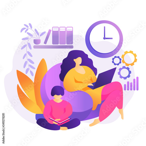 Mom with laptop working at home with child. Womens freelance. work at home mom. Concept working, studying, education, work from home, healthy lifestyle. flat style. coronavirus, self-isolation.