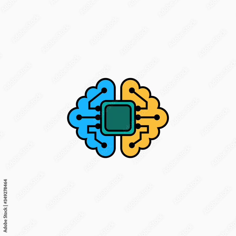 Artificial intelligence brain icon. Vector AI technology concept symbol or design element in flat style. Artificial intelligence brain icon. Vector AI technology concept symbol or design element in flat style.