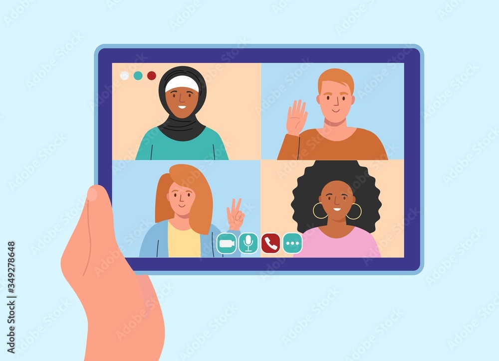 Concept of video conference. A man speaking with many people online at home.Video chat with friends and family. Flat vector illustration. Concept of video conference. A man speaking with many people online at home.Video chat with friends and family. Flat vector illustration.