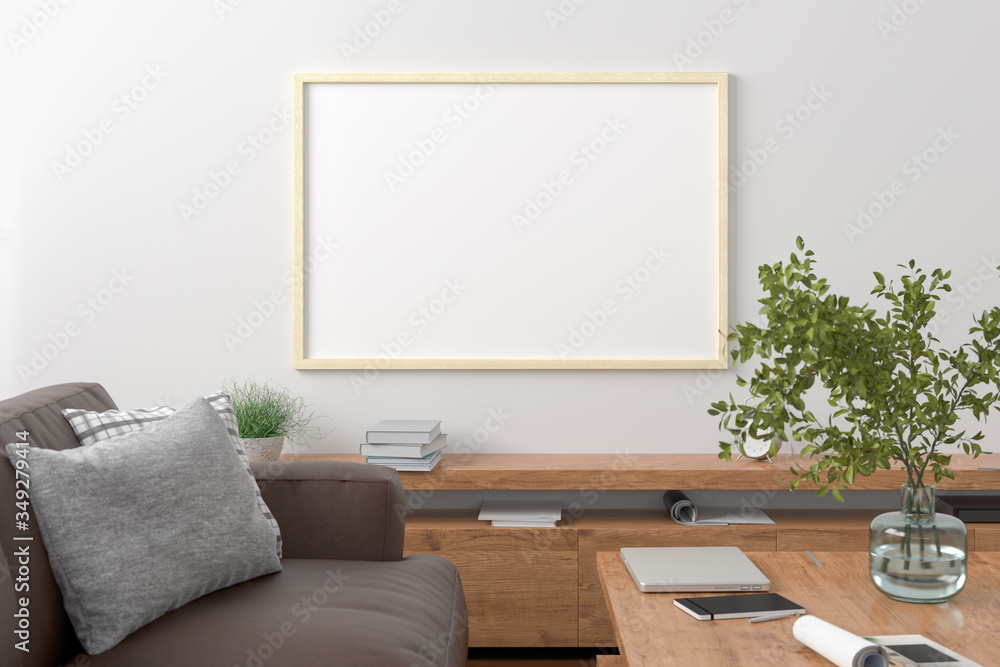 Horizontal blank poster on white wall in interior of modern living room with clipping path around poster. 3d illustration Horizontal blank poster on white wall in interior of modern living room with clipping path around poster. 3d illustration
