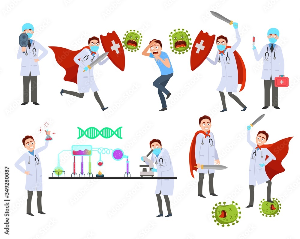  Medical team fighting off virus, inventing vaccines. Doctors standing with a thermometer and the vaccine. Doctors are heroes. Victory over the virus. Vector illustration  of Corona virus -2019-nCoV 