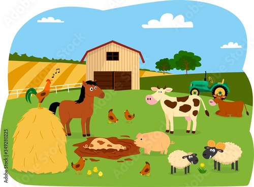 Farm animals with landscape - cow, pig, sheep, horse, chicken, hen. Cute cartoon vector illustration in flat style