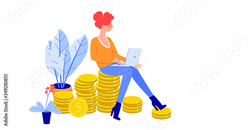 Girl with red hair sits on a pile of coin.
Concept of earning money as freelancer, investment and growth. Vector illsutration of a woman that has success in finance.