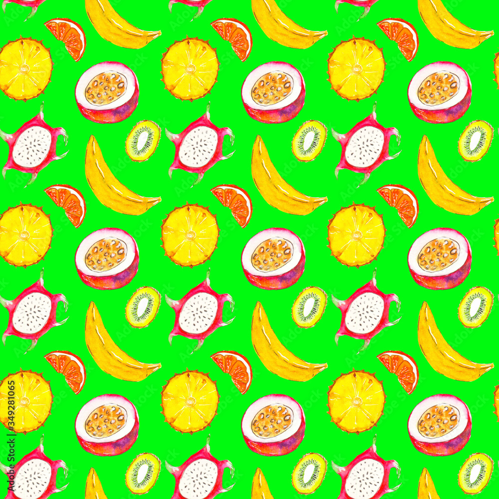 Seamless pattern of tropical fruits on a green background, painted in watercolor. Seamless pattern of tropical fruits on a green background, painted in watercolor.