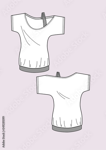 Top donna asimmetrico manica corta con spallina disegno piatto sketch fashion illustration fronte e retro mock up vettoriale