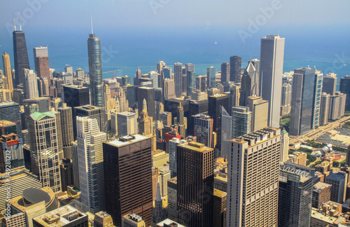 Aerial view of Chicago city with skyscapers and Lake Michigan as seen from Willis tower