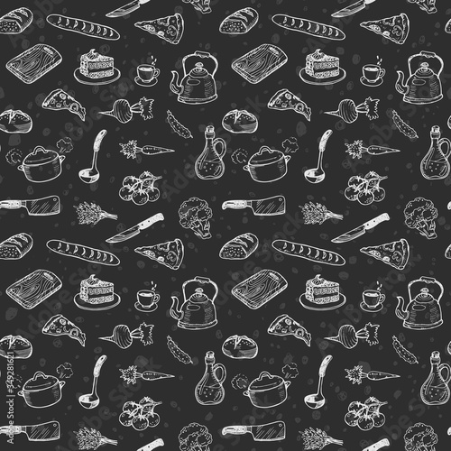 Hand drawn cooking seamless pattern. Doodle chalk drawing background