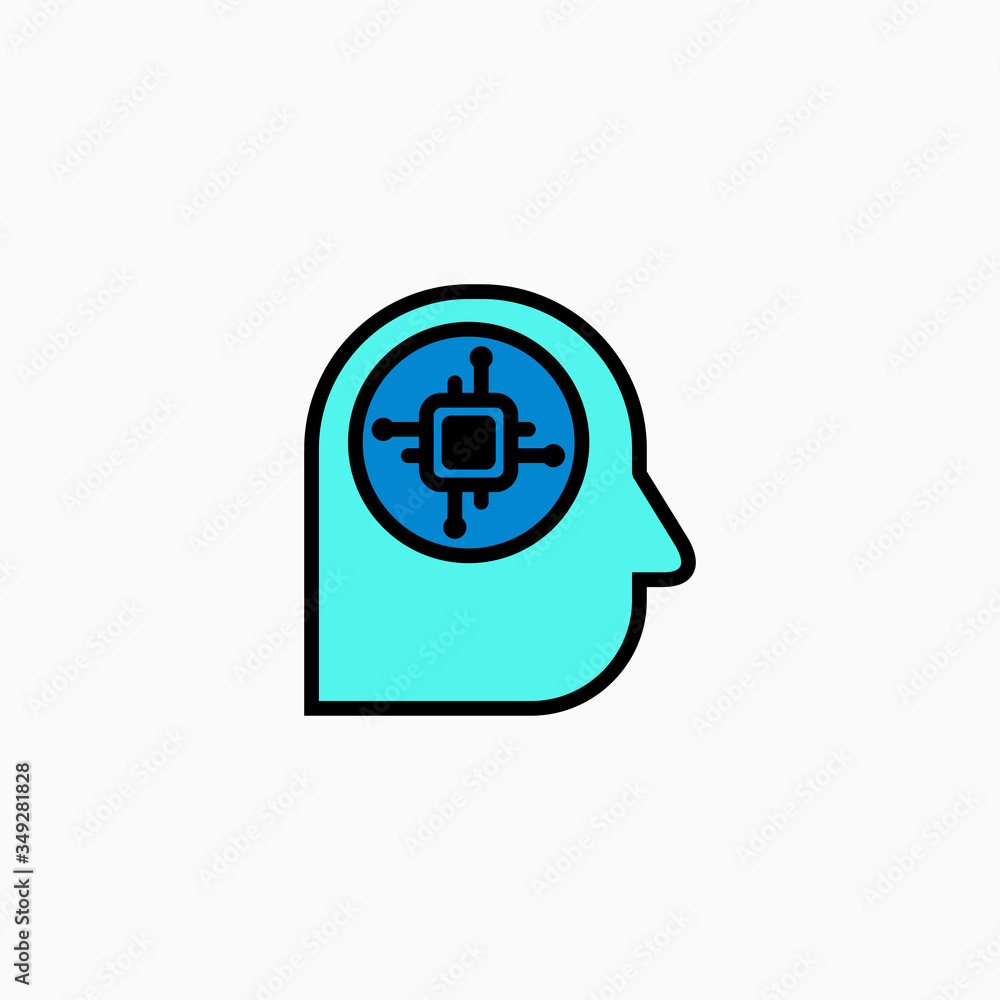 Artificial intelligence head & brain icon. Vector AI technology concept symbol or design element in flat style. Artificial intelligence head & brain icon. Vector AI technology concept symbol or design element in flat style.