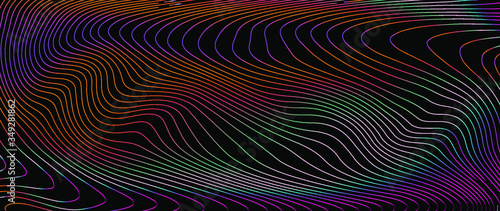 Holographic surface with glitched wavy texture. Retrofuturistic illustration in 80s-90s synthwave and retrowave chrome coloring.