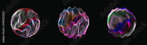 Illuminated holographic circle with glitched wavy texture. Retrofuturistic illustration in 80s-90s synthwave and retrowave chromatic spectrum colors.