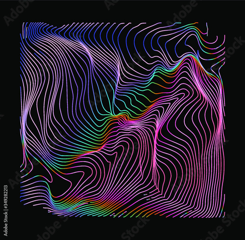 Holographic surface with glitched wavy texture. Retrofuturistic illustration in 80s-90s synthwave and retrowave chrome coloring.