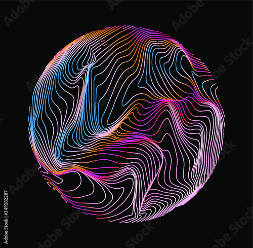 Illuminated holographic circle with glitched wavy texture. Retrofuturistic illustration in 80s-90s synthwave and retrowave chromatic spectrum colors.
