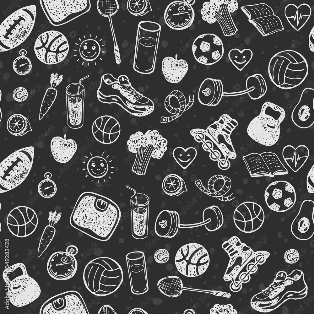 Healthy Lifestyle. Hand drawn seamless pattern. Healthy food, sport and fitness themes.