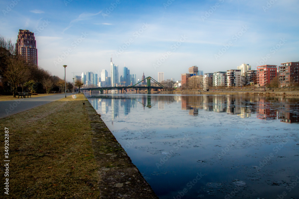 Frankfurt skyline and the river main in winter