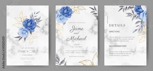 Wedding invitation card with marble background. Rose color in navy blue. Watercolor painted. Tamplate card set.