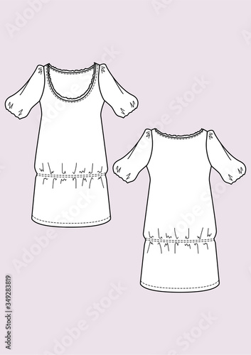 Abito donna scollo tondo manica corta arricciato in vita disegno piatto sketch fashion illustration fronte e retro mock up vettoriale