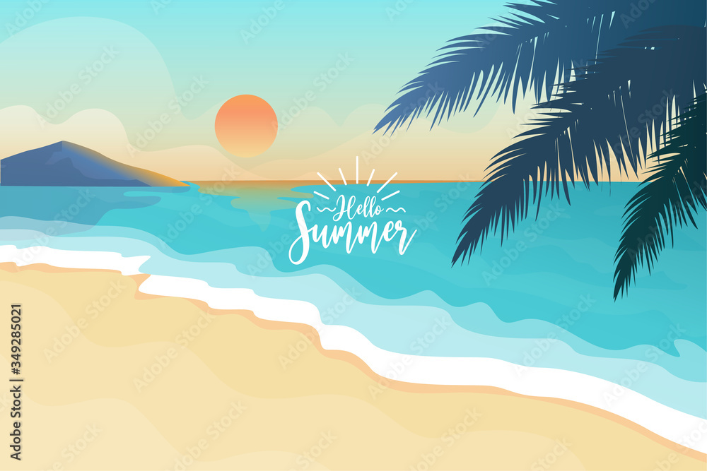 hello summer text with tropical beach vector illustration