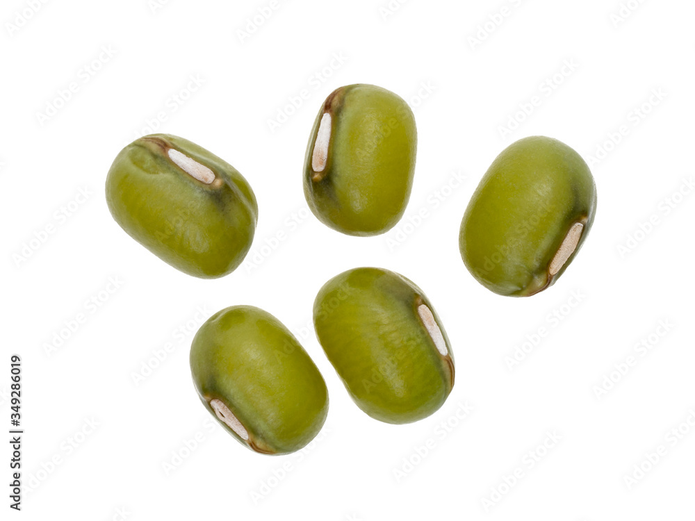 Close up of five mung beans in a small group seen directly from above and isolated on white background Close up of five mung beans in a small group seen directly from above and isolated on white background