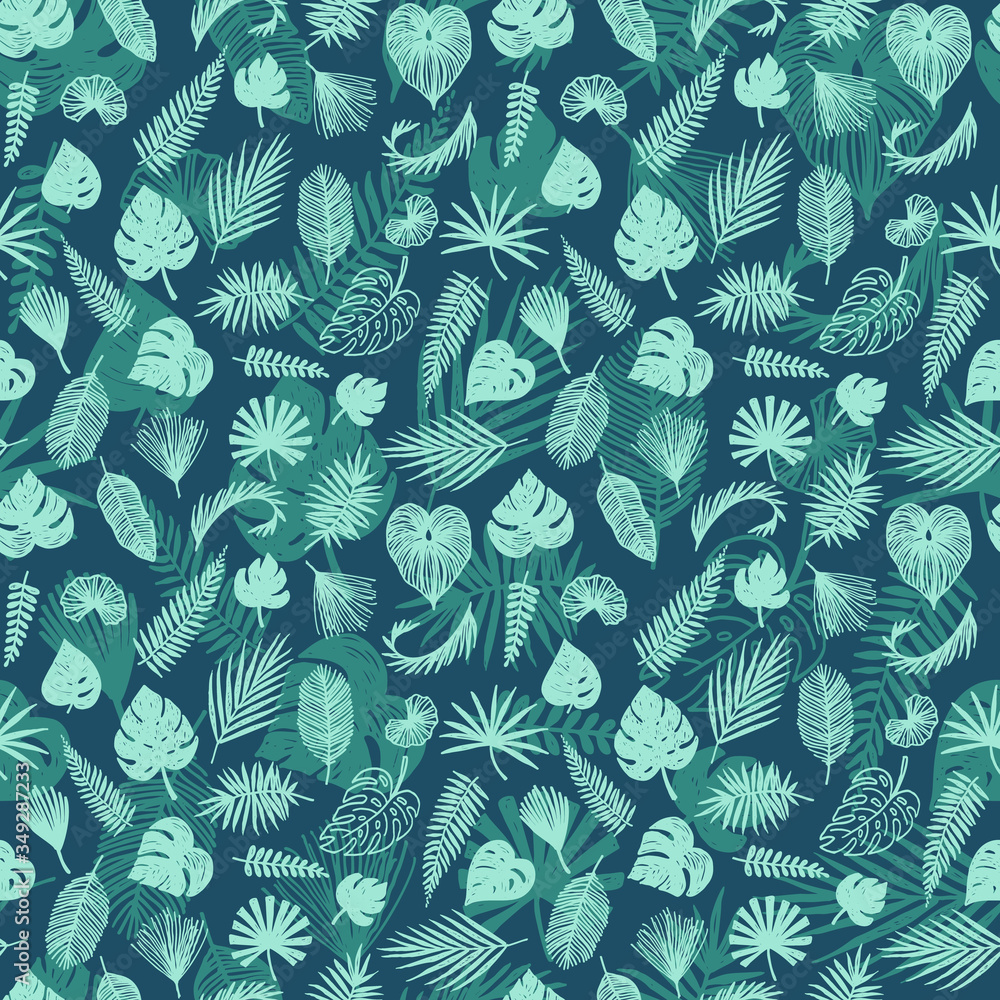 Naklejka premium Palm leaves vector background, seamless trendy tropical pattern design