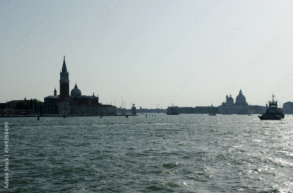 Photo from Castello district in Venice. Panoramic view with St. Mark's campanile  .